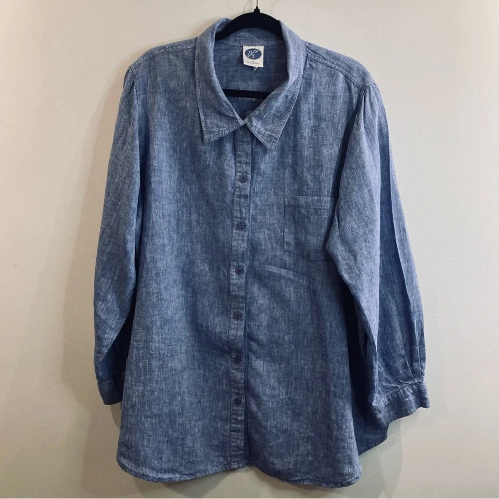 DG2 by Diane Gilman Sz 1X (estimated) 100%  Linen Collar Button Up Shirt Blouse